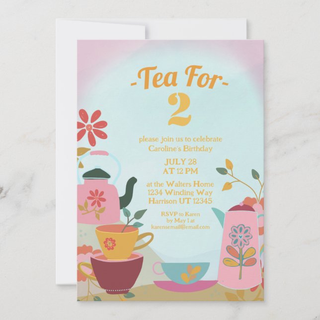 Invitación Té para dos cumpleaños floral rosado (Anverso)
