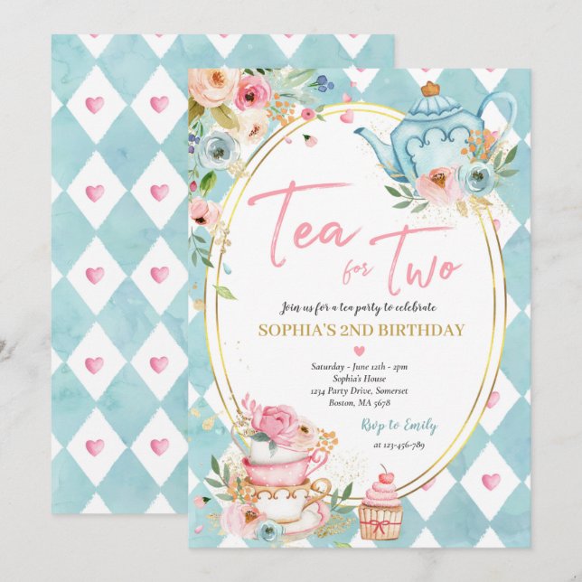 Invitación Té Para Dos Fiestas De Cumpleaños De Flores Rosa Y (Anverso / Reverso)