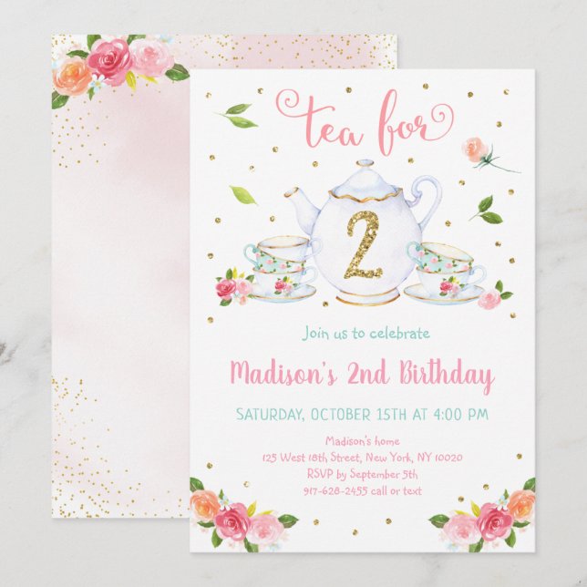 Invitación Té Para Dos Fiestas De Té De Oro Rosado Cumpleaños (Anverso / Reverso)
