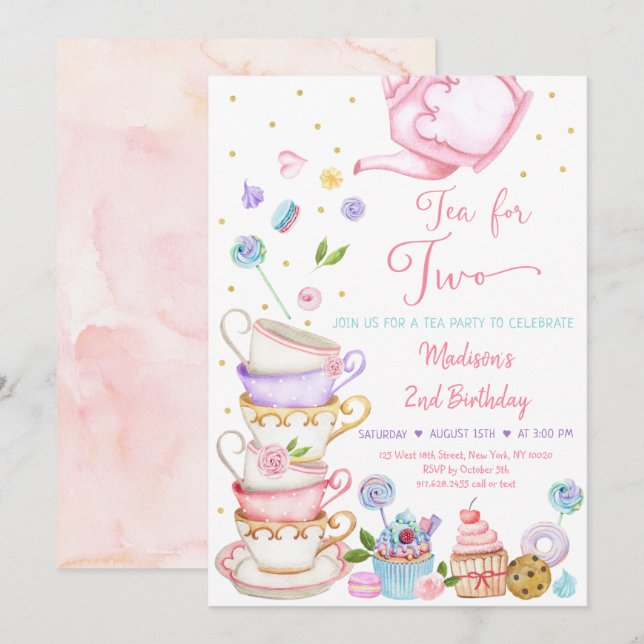 Invitación Té Para Dos Fiestas De Té Floral Rosa Cumpleaños (Anverso / Reverso)
