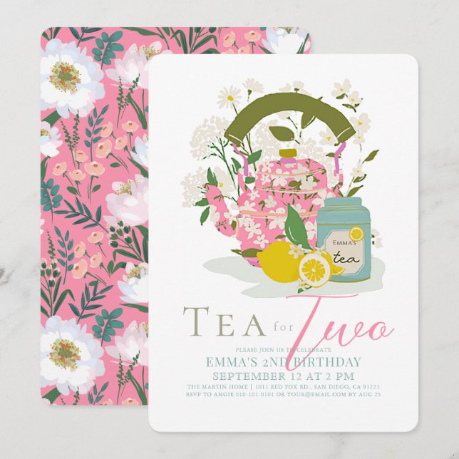 Invitación Té para dos Fiestas de té floral rosado Segundo cu (Anverso / Reverso)