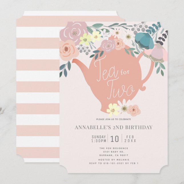 Invitación Té para dos Fiestas de té floral rosado Segundo cu (Anverso / Reverso)