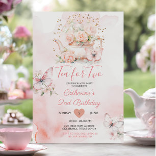 Invitación Té Para Dos Fiestas De Té Rosado Mariposa Cumpleañ