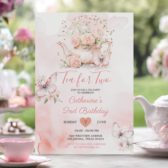 Invitación Té Para Dos Fiestas De Té Rosado Mariposa Cumpleañ (Subido por el creador)