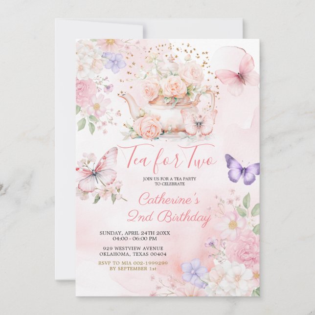 Invitación Té Para Dos Mariposa Cumpleaños Rosa Purpura  (Anverso)
