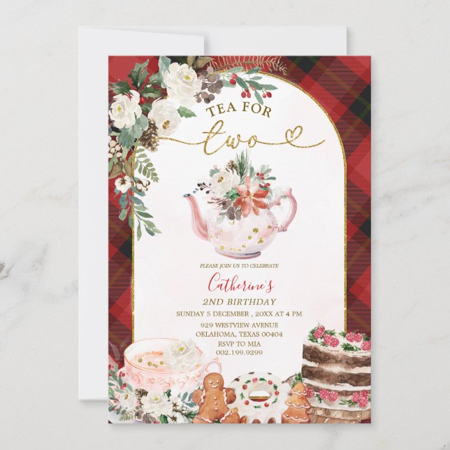 Invitación Té Para Dos Navidades Florales Enfitados Segundo C (Anverso)
