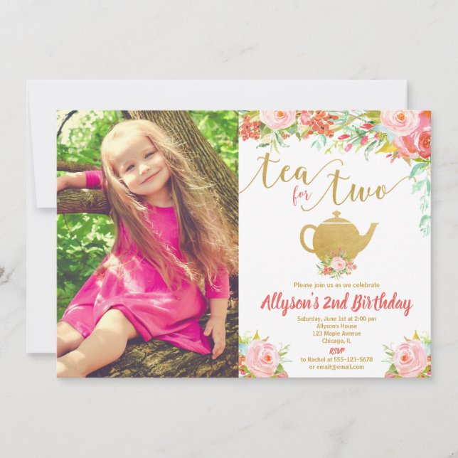Invitación Té para dos oro rosa floral foto de segundo cumple (Anverso)
