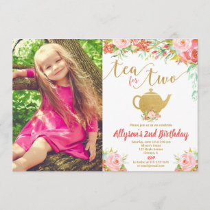 Invitación Té para dos oro rosa floral foto de segundo cumple