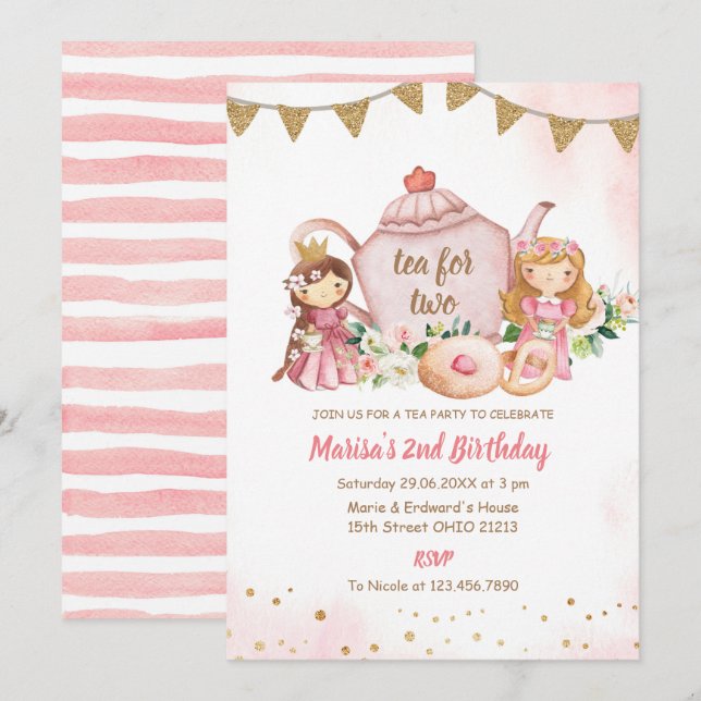 Invitación Té para dos princesas fiesta de cumpleaños del té  (Anverso / Reverso)