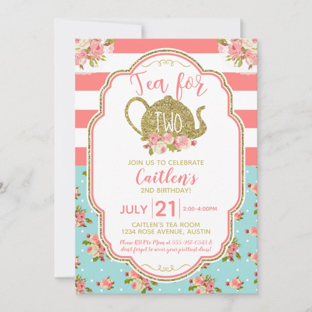 Invitación Té Para Dos Purpurinas De Oro Rosado Cumpleaños (Anverso)