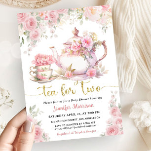 Invitación Té para dos Té Baby Shower Floral Rosa con Dorado