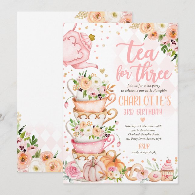 Invitación Té Para La Calabaza De La Fiesta De Los Tres Cumpl (Anverso / Reverso)