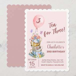 Invitación Té Para Tres Años Fiesta De Té Floral Rosa