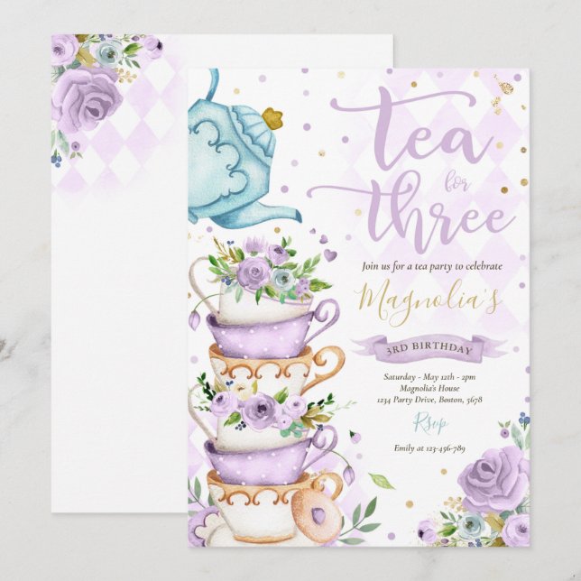 Invitación Té Para Tres Años Fiesta De Té Morado Floral (Anverso / Reverso)