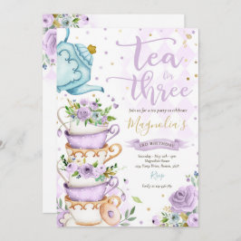 Invitación Té Para Tres Años Fiesta De Té Morado Floral
