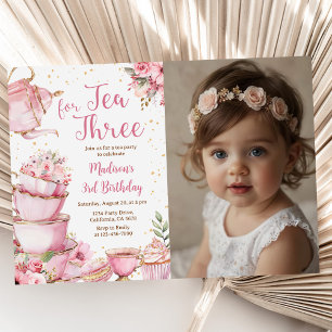 Invitación Té Para Tres Fiestas De Cumpleaños Foto Floral Ros