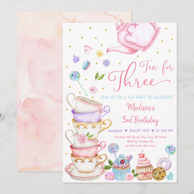 Invitación Té Para Tres Fiestas De Té Floral Rosa Cumpleaños (Anverso / Reverso)