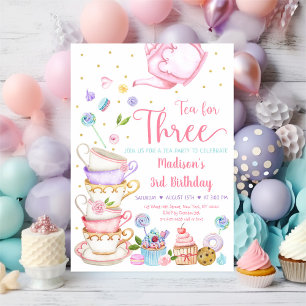 Invitación Té Para Tres Fiestas De Té Rosado Cumpleaños