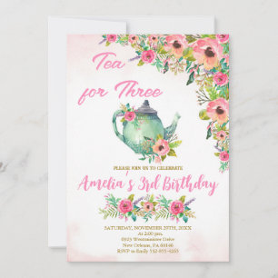 Invitación Té para tres invitaciones, Floral rosa tercer cump