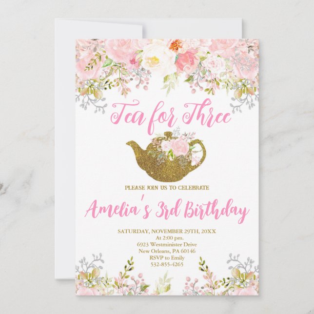 Invitación Té para tres invitaciones, Floral rosa tercer cump (Anverso)