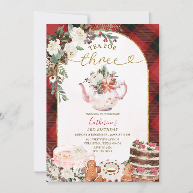 Invitación Té Para Tres Navidades Florales Tercer Cumpleaños (Anverso)