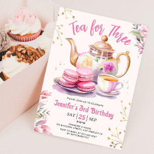 Invitación ¡Té para tres! Niña floral rosa cumpleaños 3 años