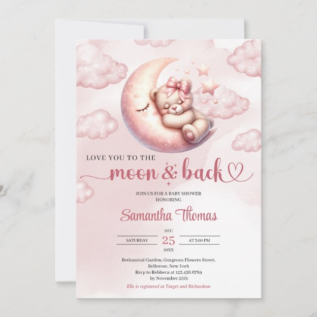 Invitación Te queremos a la luna y a Baby Shower de vuelta (Anverso)