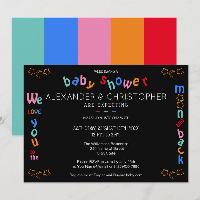 Invitación Te queremos a la luna y de vuelta a LGBTQ+ Baby Sh (Anverso / Reverso)