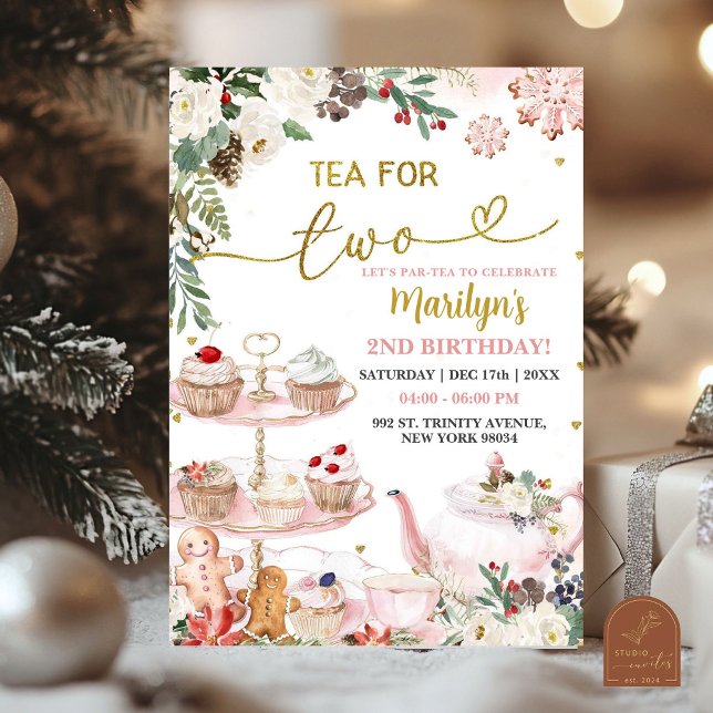 Invitación Té rosa de Navidad para dos cumpleaños de invierno (Subido por el creador)