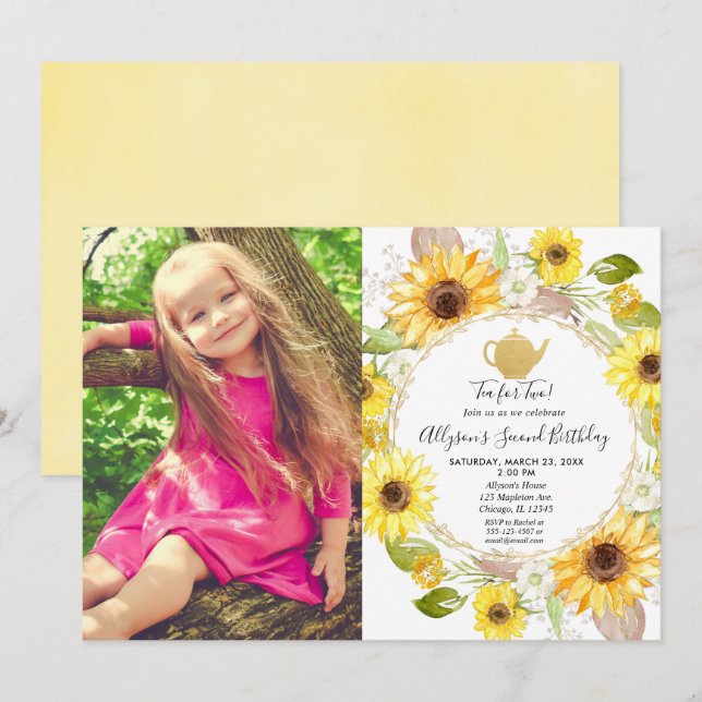 Invitación té Sunflower fiesta para una foto de dos cumpleaño (Anverso / Reverso)