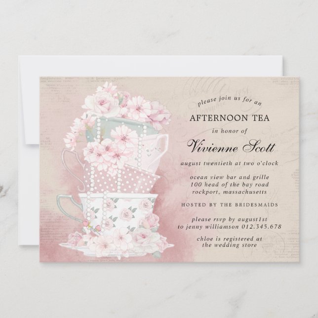 Invitación Té Tea Teacups Vintage Bridal Shower (Anverso)