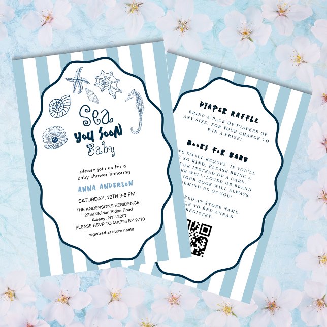 Invitación Te Vemos Pronto Conchas Marinas Azules Bebé Dulce  (Subido por el creador)