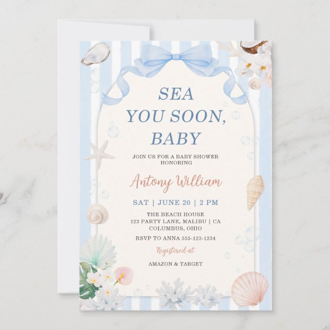 Invitación Te Veré Pronto, Bebe Ducha de Bebé Caracol Marino (Anverso)