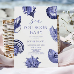 Invitación Te Veremos Pronto, Caracoles Azules Baby Shower
