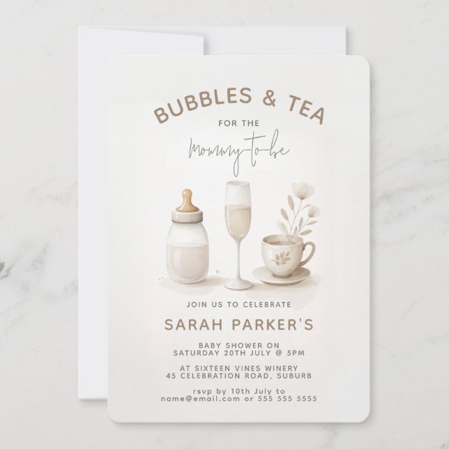 Invitación Té y champán: Baby Shower neutral (Anverso)