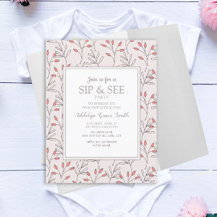 Invitación Té y Mira Baño de Bebé Hojas Blancas Rosa Sonrosad