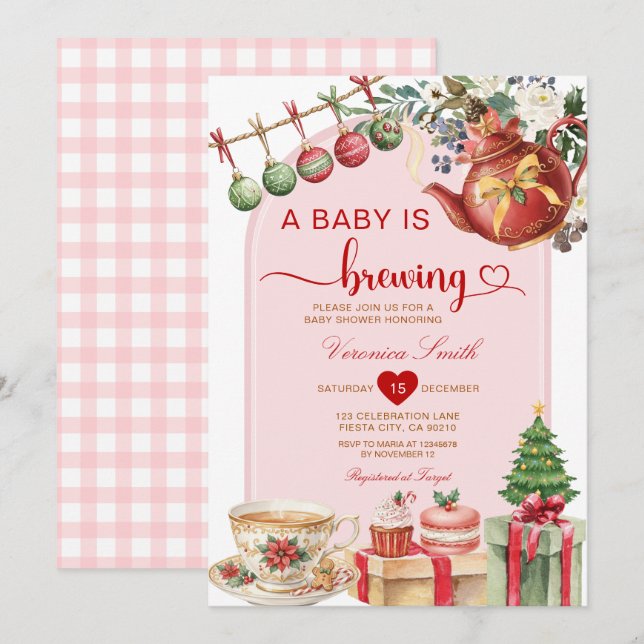 Invitación Tea A Baby is Brewing Christmas Bow Baby Shower (Anverso / Reverso)