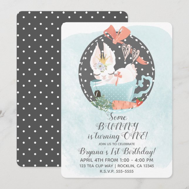 Invitación Tea Cup Bunny Rabbit Watercolor Party (Anverso / Reverso)
