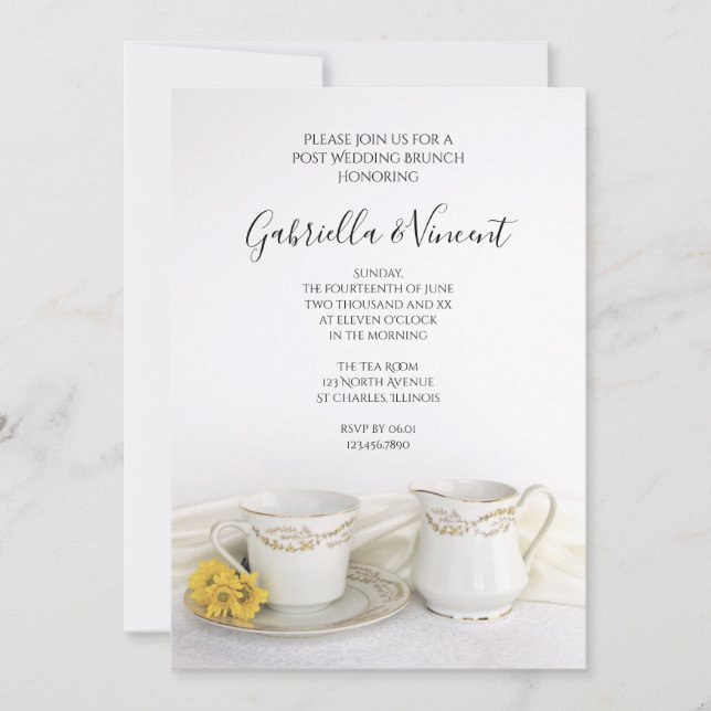 Invitación Tea Cup con Daisies Amarillos Post Boda Brunch (Anverso)