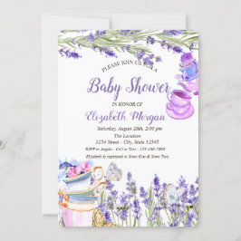 Invitación Tea cup Lavander Purpurina mariposa Baby Shower