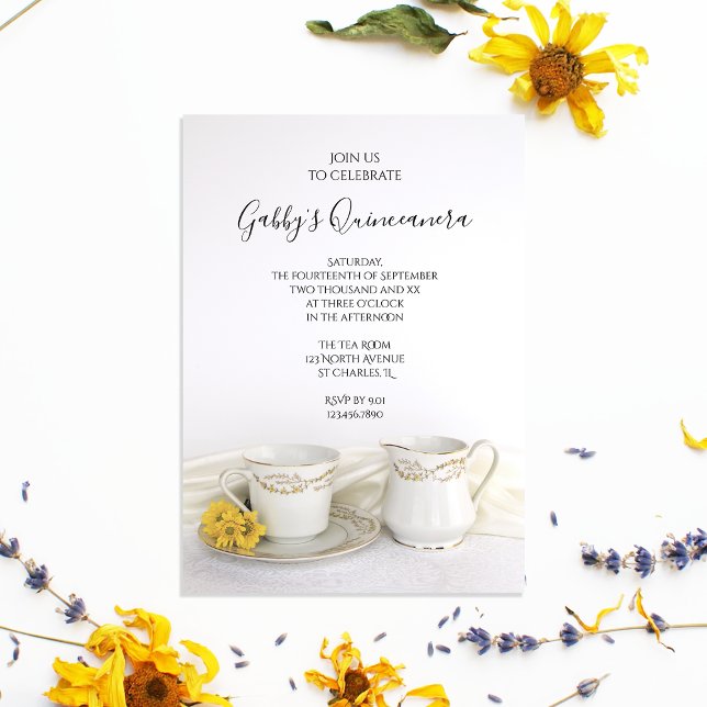 Invitación Tea Cup y el Fiesta Quinceanera de Daisies Amarill (Subido por el creador)