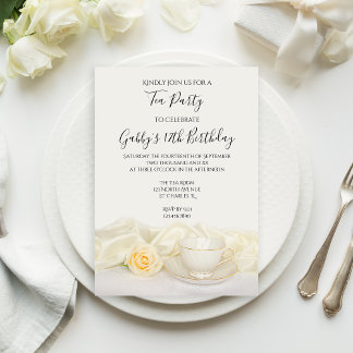 Invitación Tea Cup y White Rose Birday Party