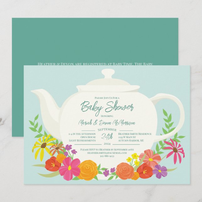 Invitación Tea Fiesta Baby Shower teapot (Anverso / Reverso)