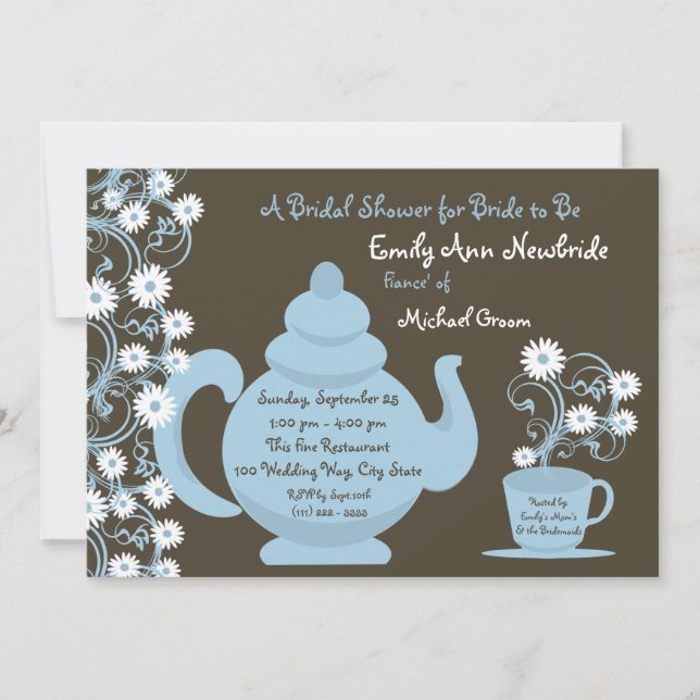 Invitación Tea Fiesta Bridal Shower Blue and Brown (Anverso)