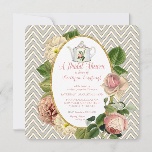 Invitación Tea Fiesta Bridal Shower Chevron Stripes Rosa (Anverso)