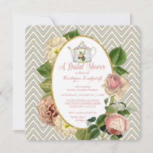 Invitación Tea Fiesta Bridal Shower Chevron Stripes Rosa