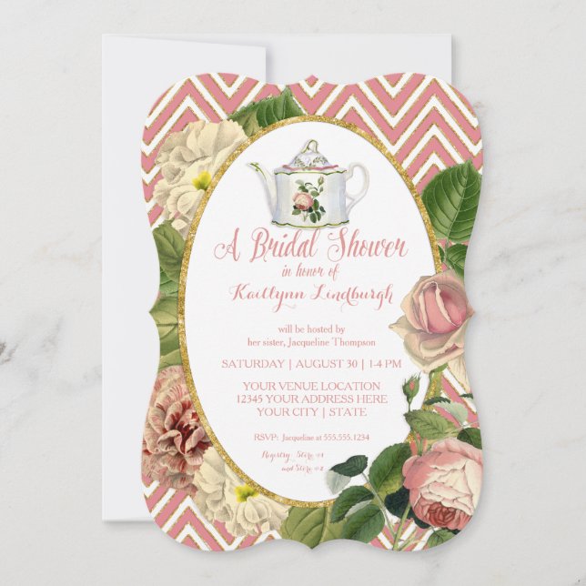 Invitación Tea Fiesta Bridal Shower Chevron Stripes Rosa (Anverso)