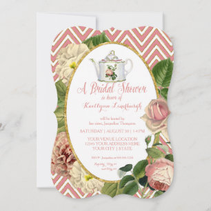 Invitación Tea Fiesta Bridal Shower Chevron Stripes Rosa