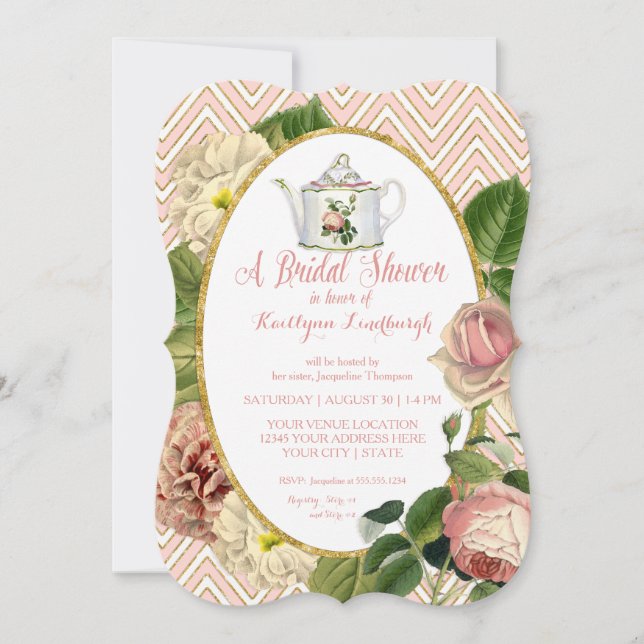 Invitación Tea Fiesta Bridal Shower Chevron Stripes Rosa (Anverso)