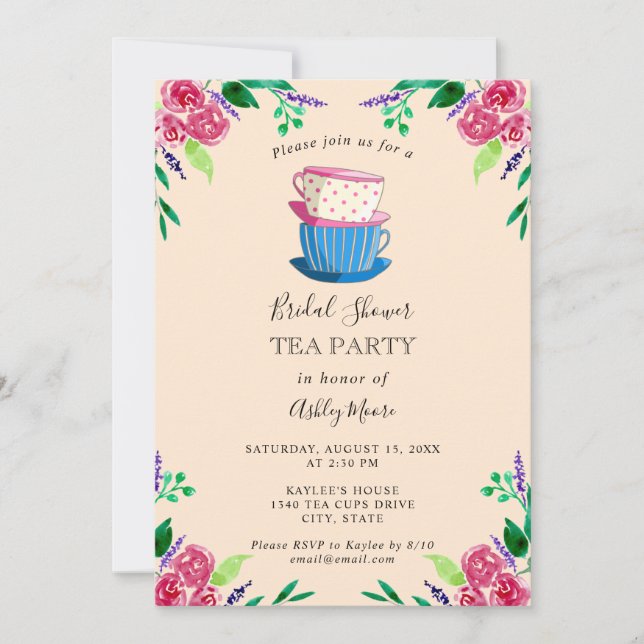 Invitación Tea Fiesta Bridal Shower Flores rosas tías (Anverso)
